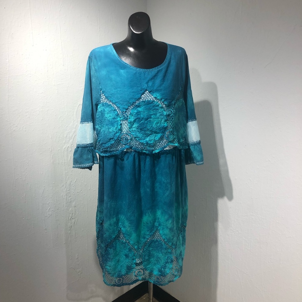 Upcycled White Lace Tie Dye Dress Teal sz Med Dainty